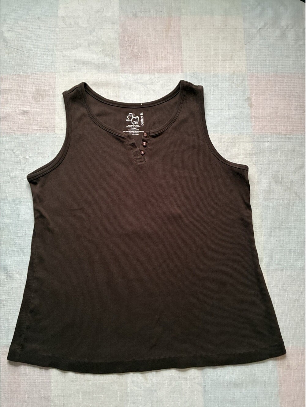 Perfect Fit Womens 22/24W Black Ribbed Henley Tank Top Sleeveless Plus Size